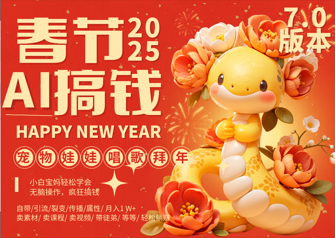 AI春节搞钱7.0升级版 蝴蝶号超火爆萌宠唱歌拜年  AI一键制作 批量出内容   春节做轻松躺赚 每日轻松十分钟  月赚米1W+  抓紧冲！可做视频 可卖素材只带小白和宝妈！-小白搞钱