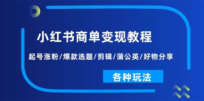 小红书商单变现教程：起号涨粉/爆款选题/剪辑/蒲公英/好物分享/各种玩法-小白搞钱