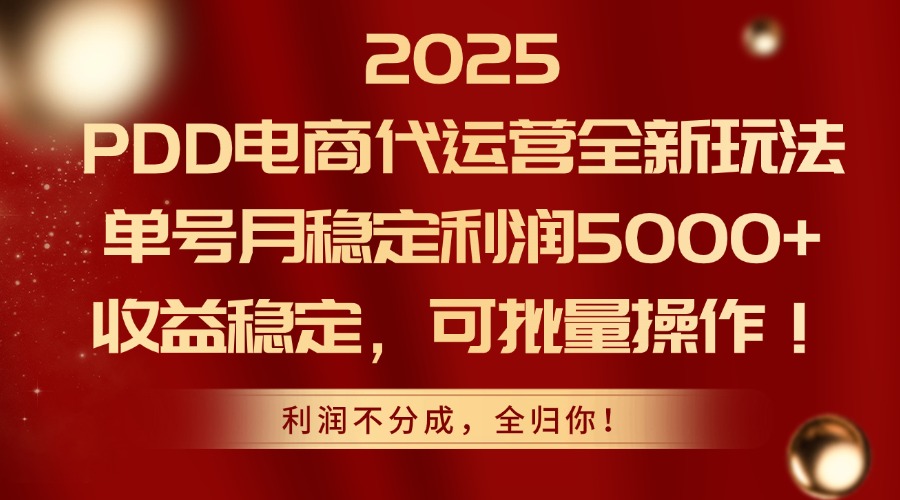 2025 PDD电商代运营全新玩法，单号月稳定利润5000+，收益稳定，可批量操作！-小白搞钱