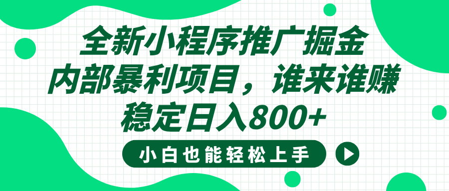 全新小程序推广掘金，内部暴利项目，小白轻松上手，稳定日入800+-小白搞钱