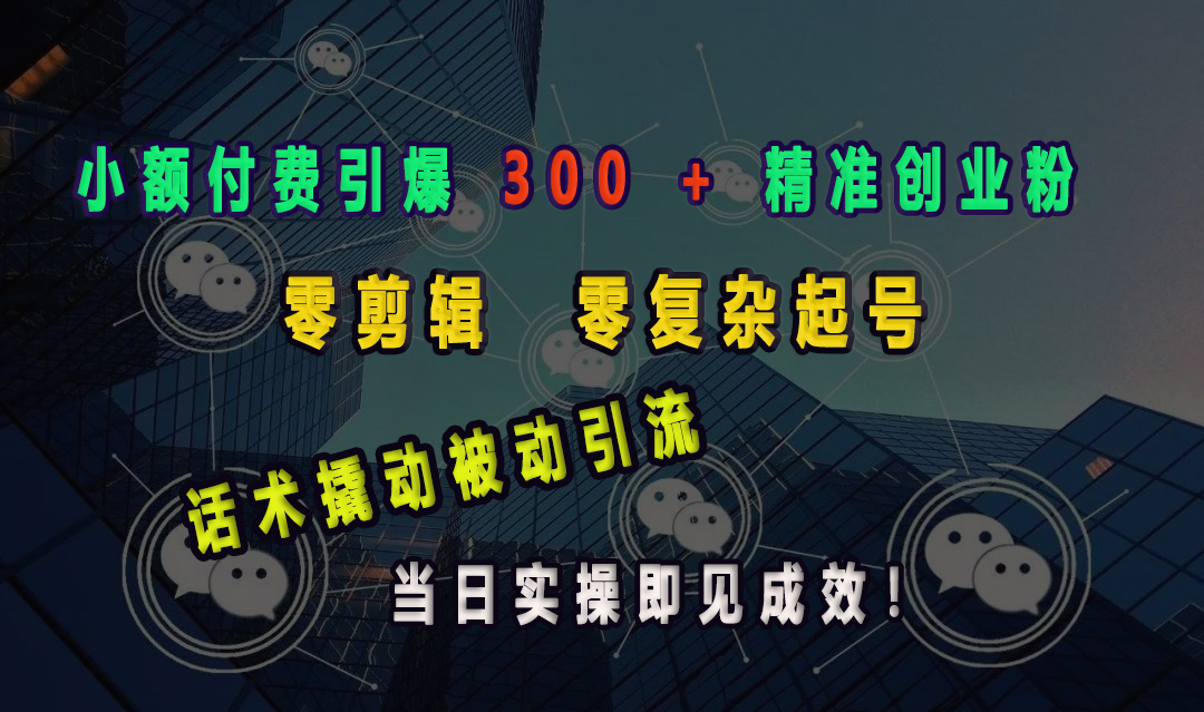 小额付费引爆 300 + 精准创业粉，零剪辑、零复杂起号，话术撬动被动引流，当日实操即见成效！-小白搞钱