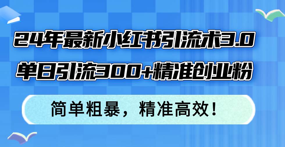 24年最新小红书引流术3.0，单日引流300+精准创业粉，简单粗暴，精准高效！-小白搞钱
