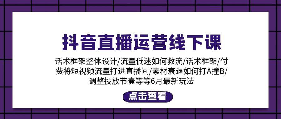 抖音直播运营线下课：话术框架/付费流量直播间/素材A撞B/等6月新玩法-小白搞钱
