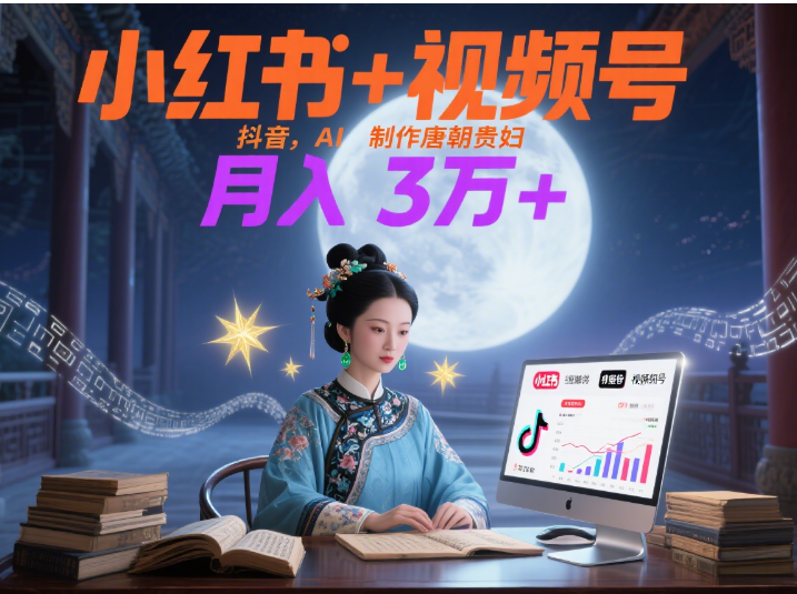 小红书+视频号+抖音，AI轻松制作唐朝贵妇IP，毒鸡汤、励志、减肥瘦身、养生赛道轻松切入，每天30分钟，轻松产出N条，月入3万+ -小白搞钱