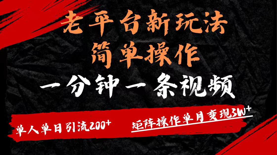 老平台，新玩法，简单操作，一分钟一条视频，单人单人引流200+矩阵操作，单月变现3W-小白搞钱