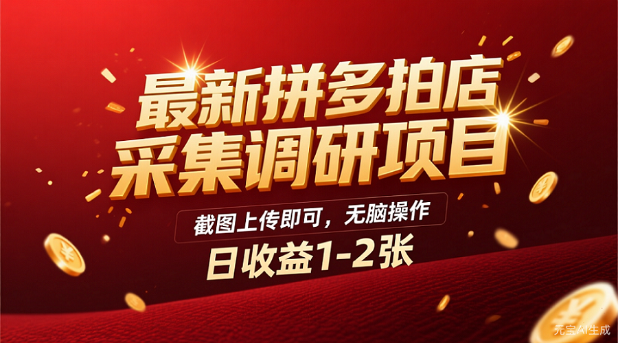 最新拼多多拍店采集调研项目，截图上传即可，无脑操作，日收益1-2张-小白搞钱