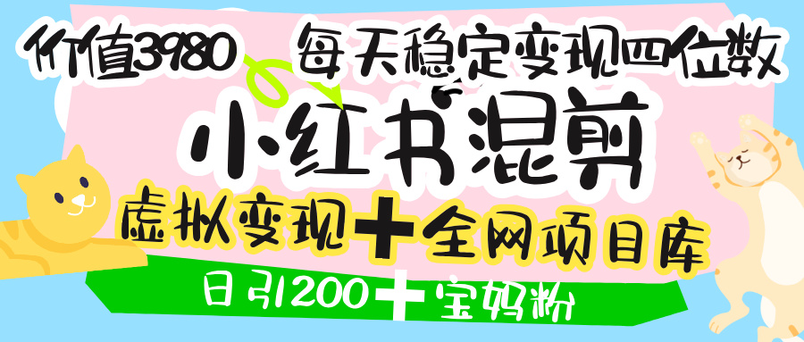 价值3980的小红书混剪， 虚拟变现 ＋全网项目库 ， 日引200+宝妈创业粉，每天稳定四位数变现-小白搞钱