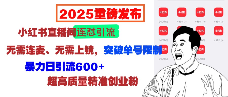 2025重磅发布：小红书直播间连怼引流，无需连麦、无需上镜，突破单号限制，暴力日引流600+超高质量精准创业粉-小白搞钱