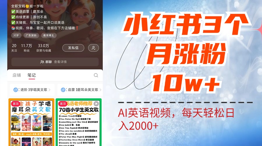 小红书三个月涨粉10W！AI英语视频0成本制作，每天轻松日入2000+-小白搞钱