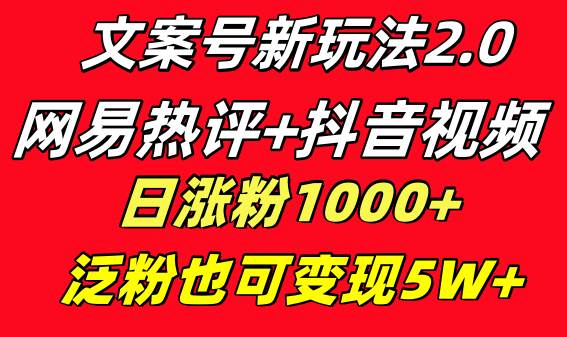 文案号新玩法 网易热评+抖音文案 一天涨粉1000+ 多种变现模式 泛粉也可变现-小白搞钱