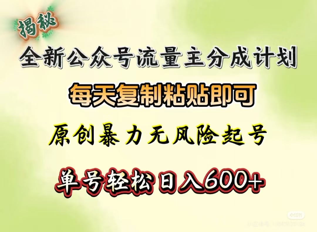 全新公众号流量主分成计划，每天复制粘贴即可，原创暴力起号无风险，单号轻松日入600+（揭秘）-小白搞钱