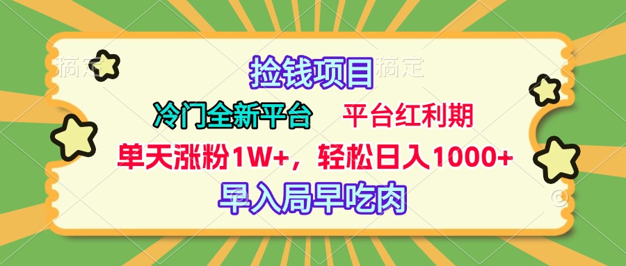 冷门全新捡钱平台，当天涨粉1W+，日入1000+，傻瓜无脑操作-小白搞钱