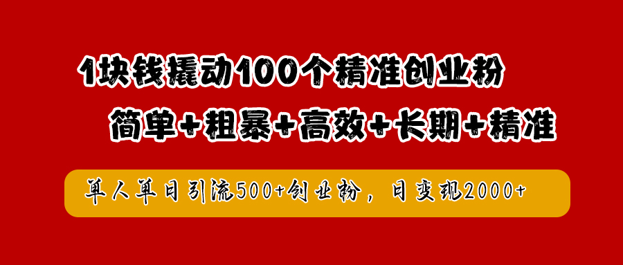 1块钱撬动100个精准创业粉，简单粗暴高效长期精准，单人单日引流500+创业粉，日变现2000+-小白搞钱