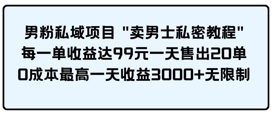 男粉私域项目 卖男士私密教程 每一单收益达99元一天售出20单-小白搞钱